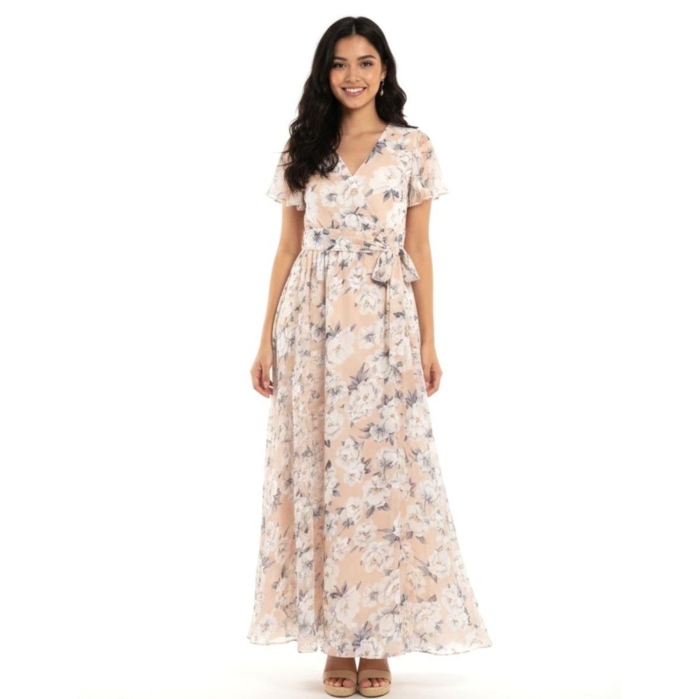 Wildflower Women Maxi Dress‎ Sm Floral Print Wrap Peach White Fairy Ballerina